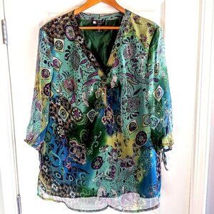 Carole Little Green Multicolor Floral Silk Tunic Top